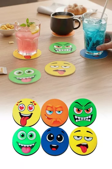 Toptan Emoji Desenli Bardak Altlığı | 6’lı Ahşap Bardak Altlığı Seti | İKONYA Plus