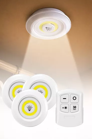 Toptan 3’lü Uzaktan Kumandalı Yapışkanlı LED Spot Lamba Seti | Kablosuz Pilli Aydınlatma | İKONYA Plus
